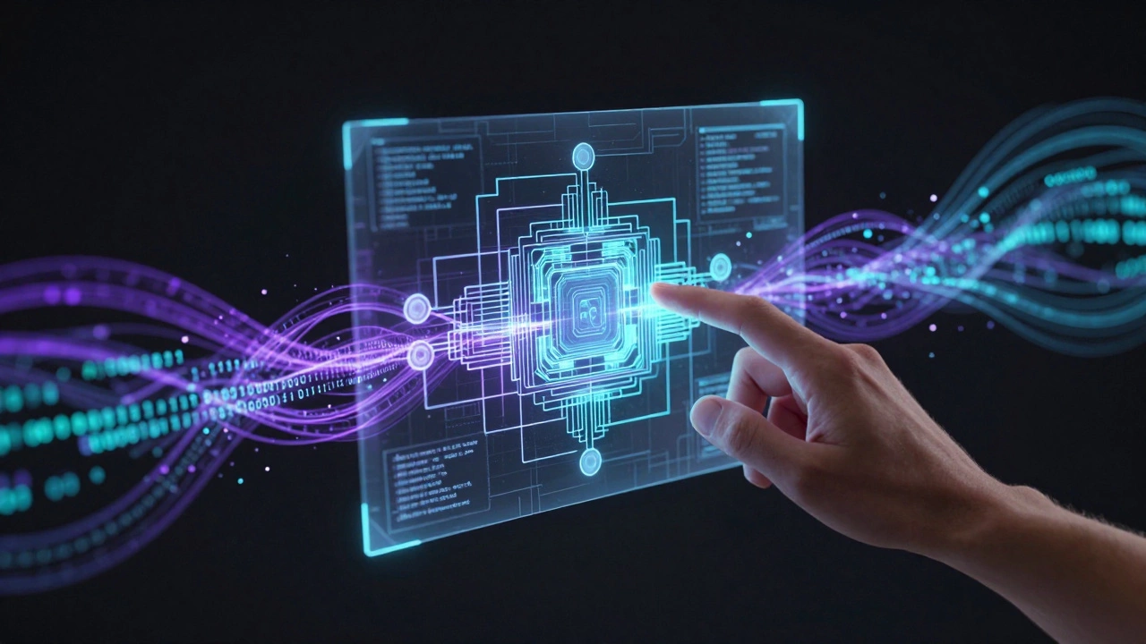 A human hand refining a holographic software architecture with AI data streams
