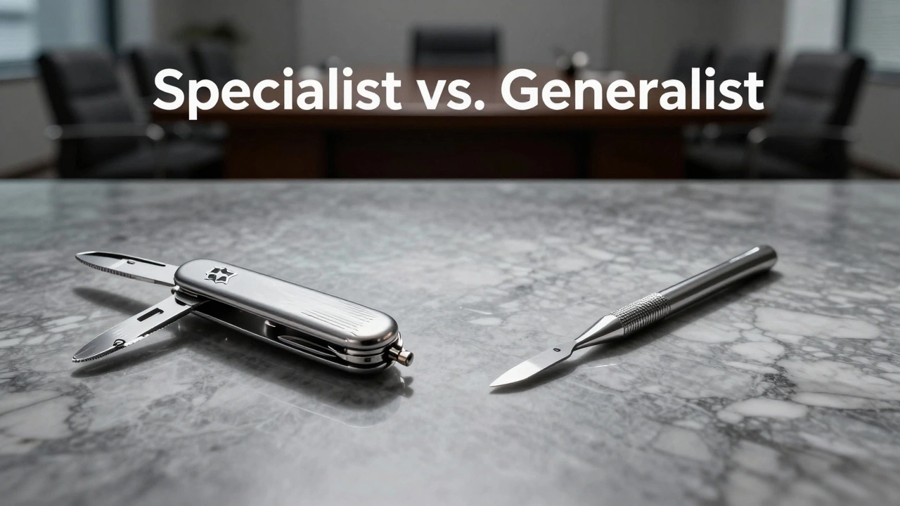A Swiss Army knife and a surgical scalpel on a marble table, symbolizing generalist versus specialist skills.