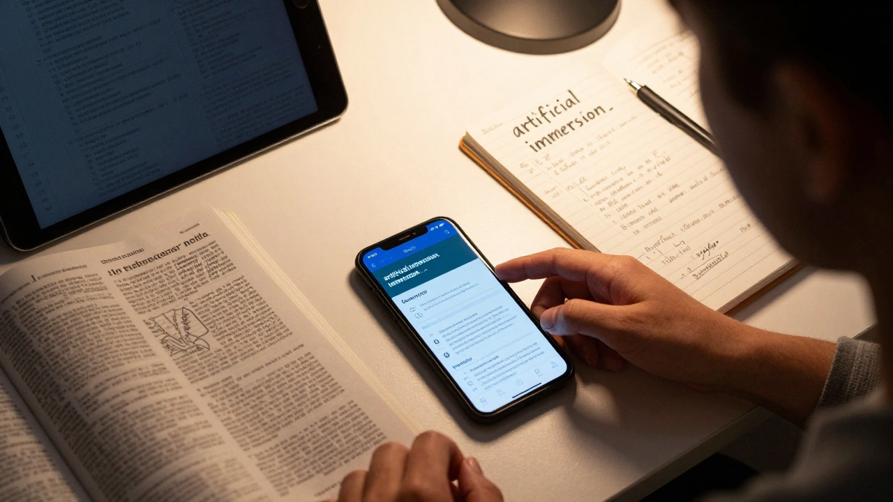 A workspace with a phone and tablet in English, a monolingual dictionary and a sketchbook.