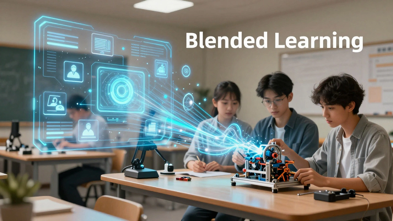 Conceptual art showing a blend of digital holographic lectures and a hands-on physical workshop.