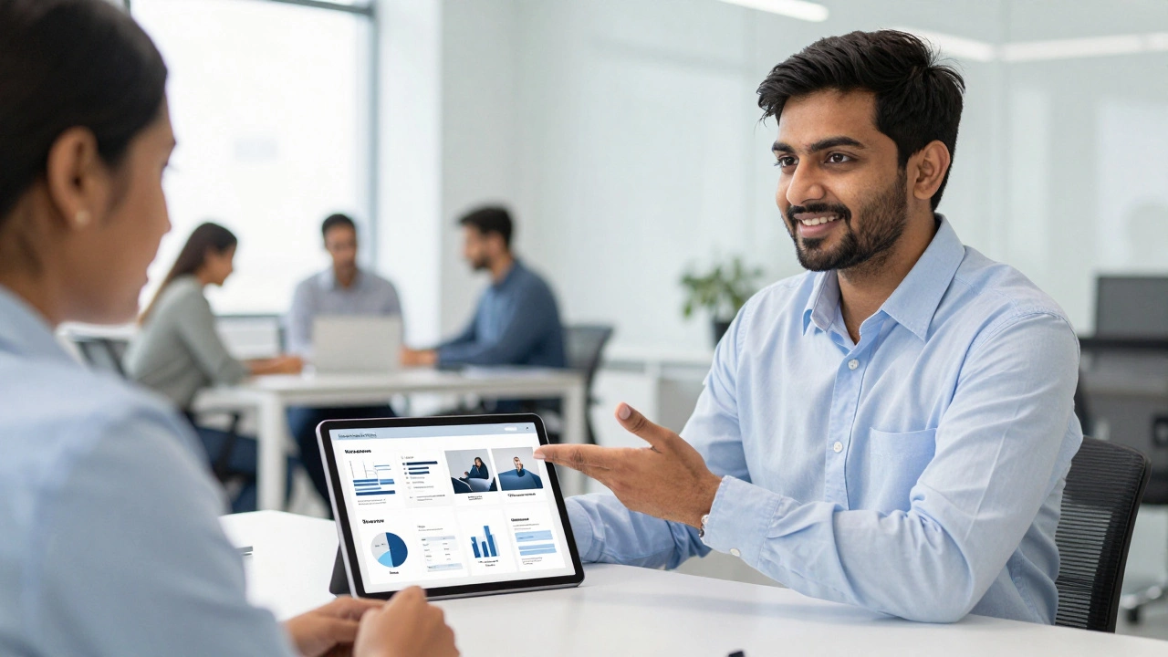 Confident professional presenting a digital project portfolio during a corporate interview.