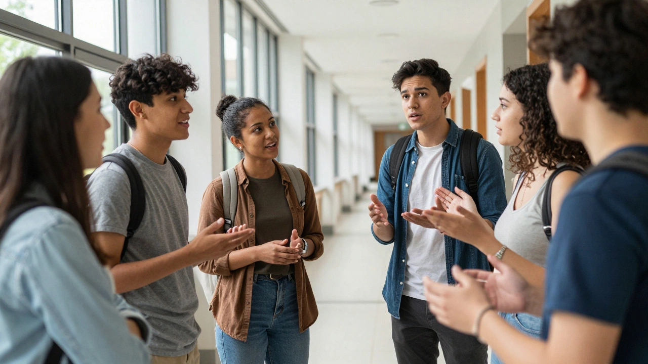 Diverse university students having an animated, spontaneous discussion in a sunlit campus hallway.