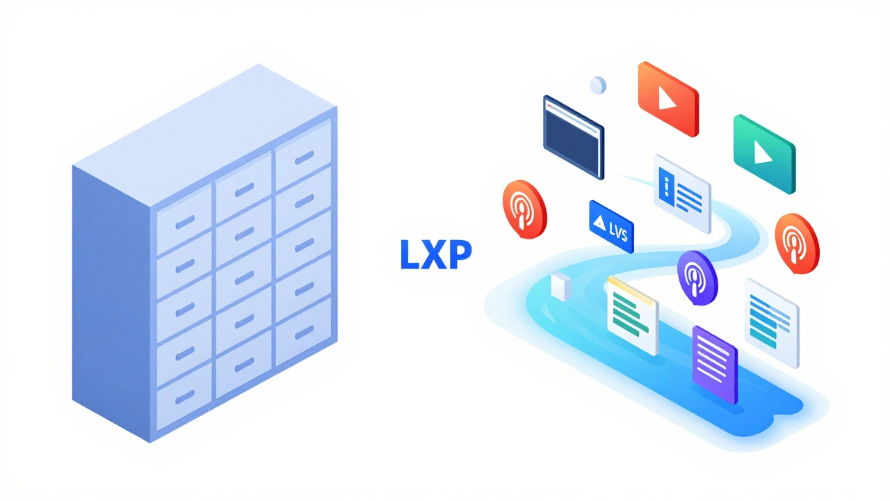Isometric comparison of a structured digital filing system and a personalized content discovery stream.