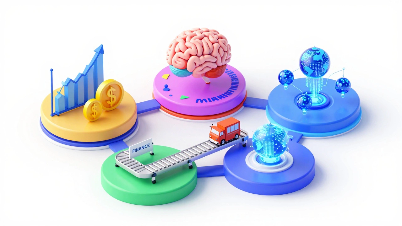 Isometric illustration of Finance, Marketing, Operations, and Business Analytics hubs.