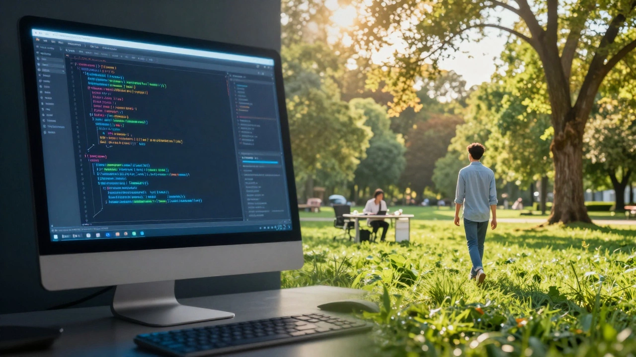 Split screen showing a coding workstation and a peaceful outdoor nature scene