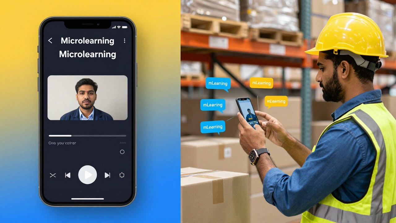 Split view of a microlearning video on a phone and a worker using AR training in a warehouse.