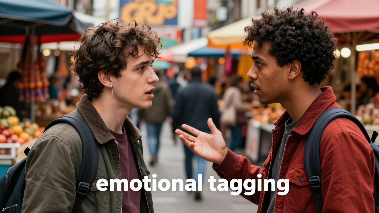 Two people having an intense, emotional conversation in a colorful, busy outdoor market.