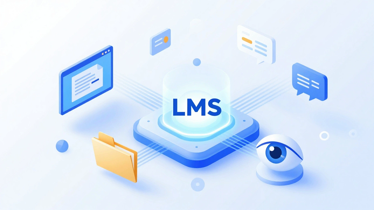 Abstract diagram showing LMS connecting video lectures and assessments