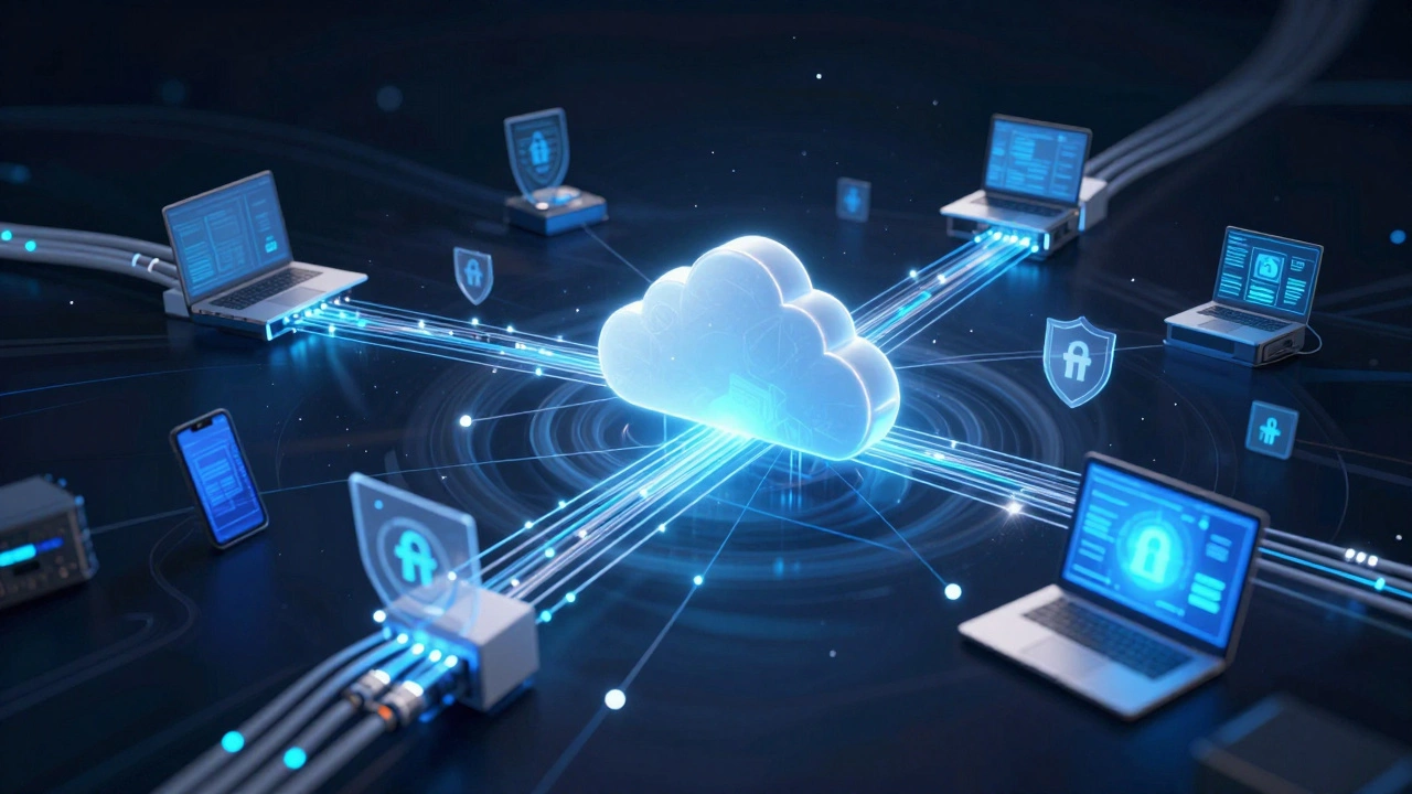 Abstract visualization of secure cloud servers and data streams