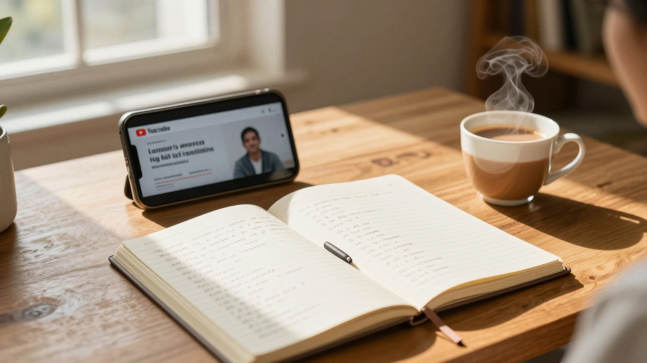 Cozy desk with notebook, smartphone playing video, and chai for daily study
