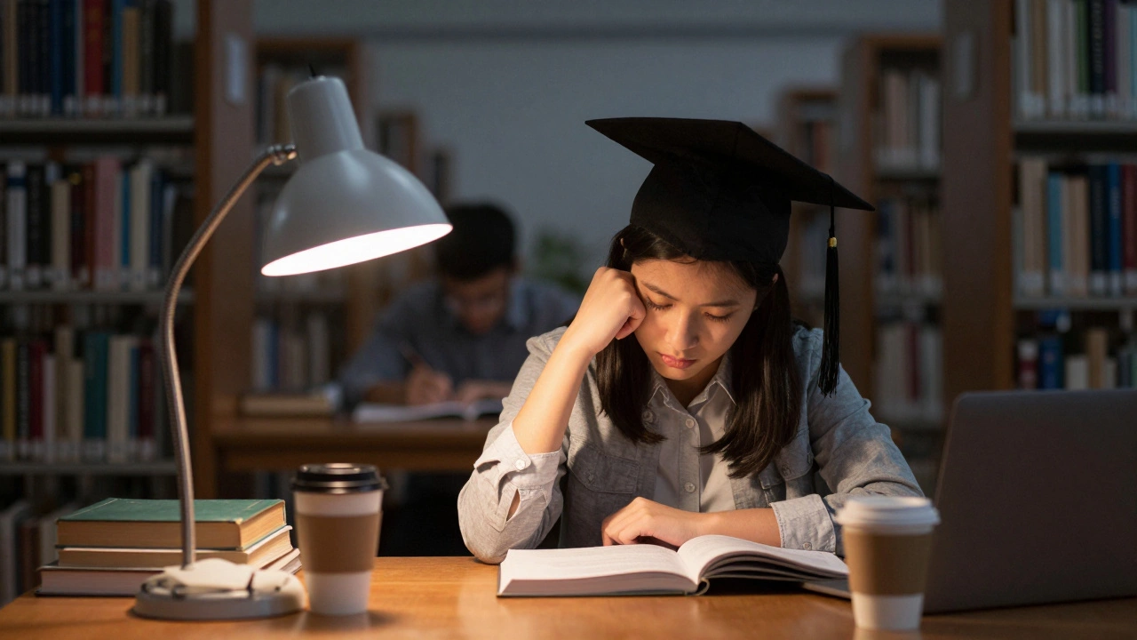 Graduate student studying intensely for professional certification exams
