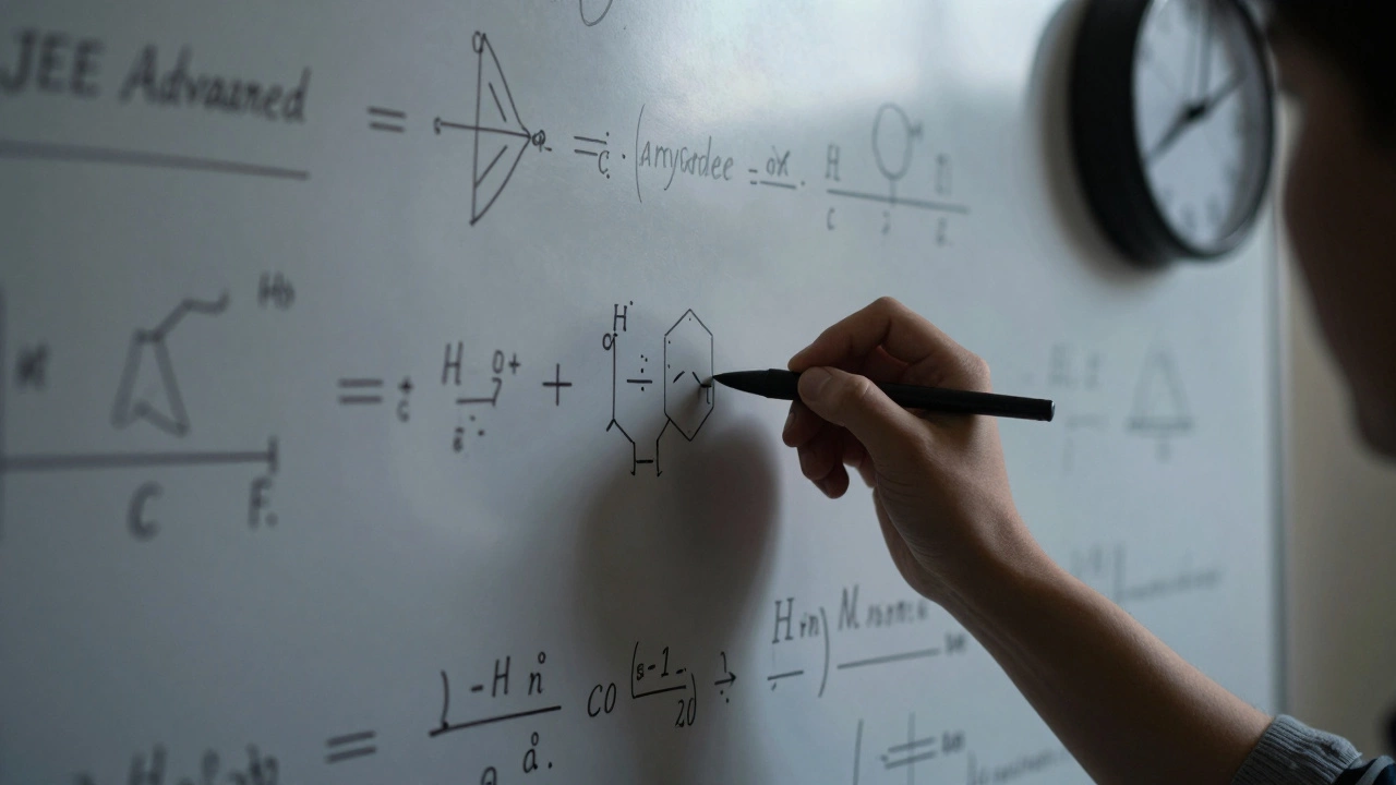 Hand writing complex math and physics equations on a whiteboard for JEE
