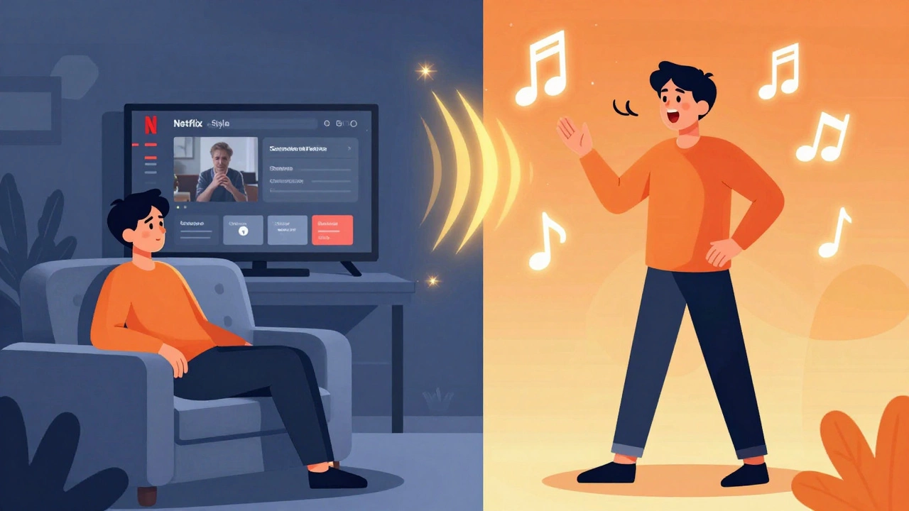 Illustration contrasting passive TV watching with active language speaking practice