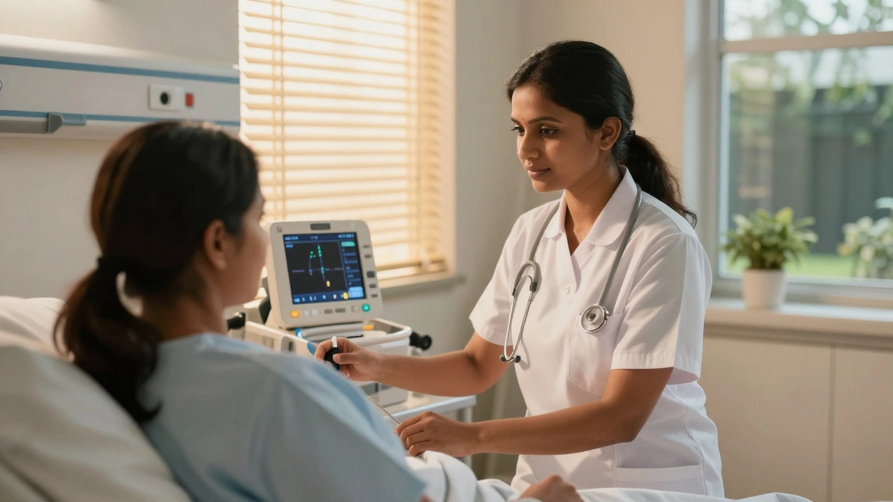Indian nurse caring for a patient in a sunlit hospital ward, symbolizing stable careers.