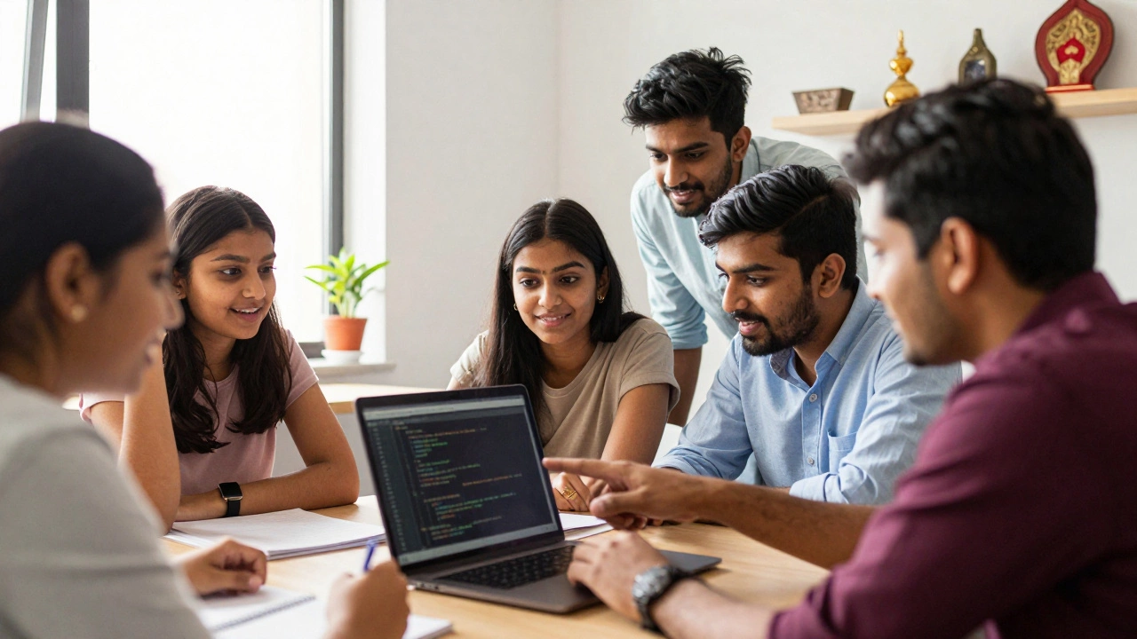Indian students collaborating on coding project in bright workspace