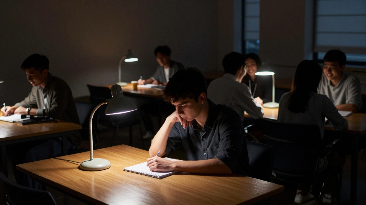Isolated young student in a crowded hostel room