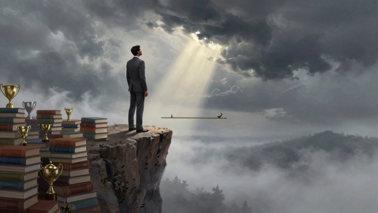 Professional facing burnout on a cliff of achievements seeking balance