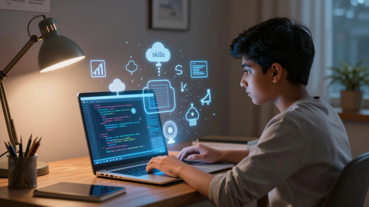 Student taking online tech courses at home, with holographic skill icons floating up.