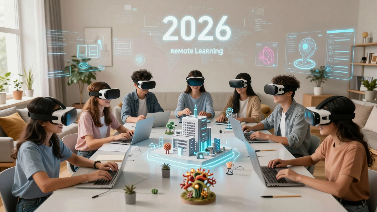 Students using VR headsets for immersive 3D educational simulations