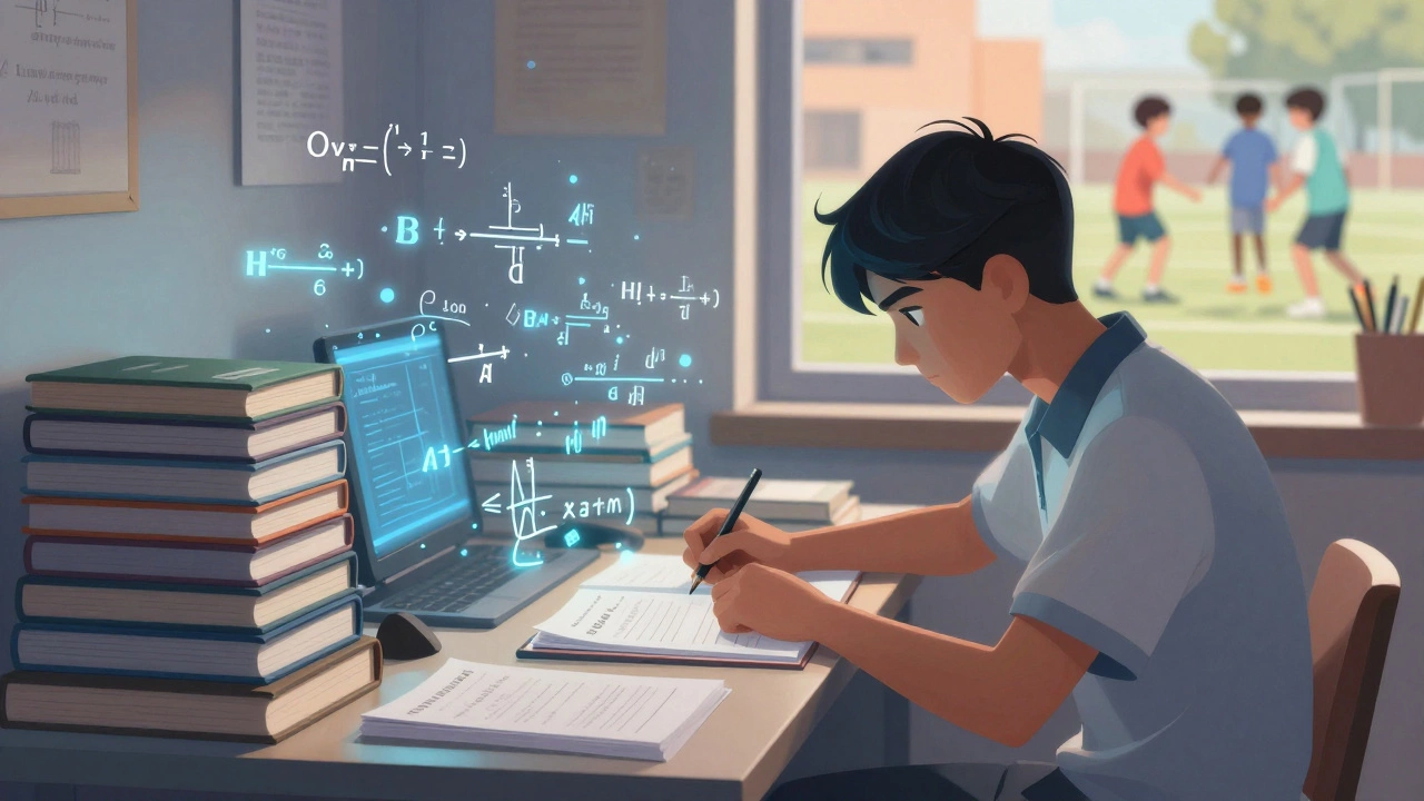 Study desk with physics books and floating equations