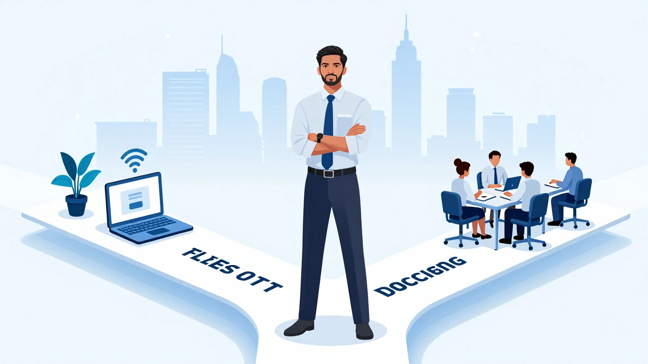 Young professional choosing between flexible online learning and traditional campus life.