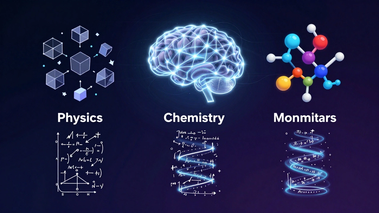 Abstract concept art linking Physics vectors, Chemistry molecules, and Math equations to a glowing brain.