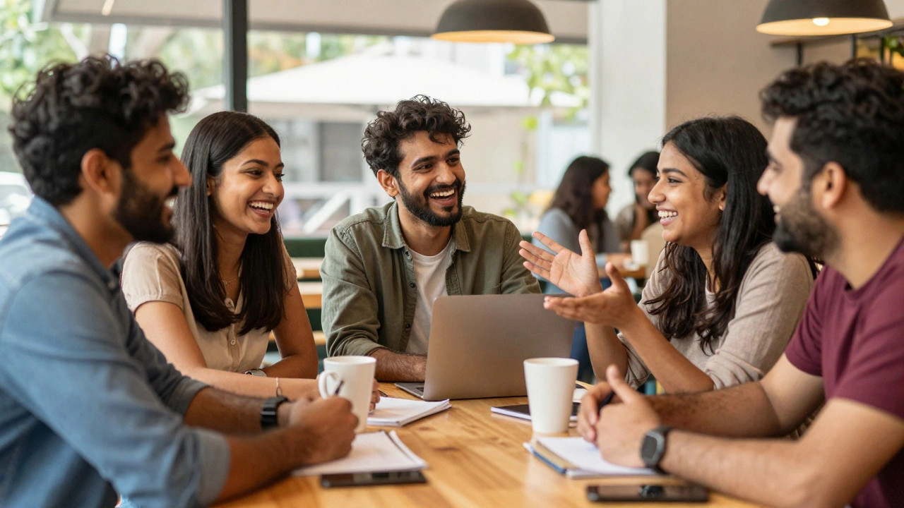 Group of friends laughing and conversing in a casual cafe