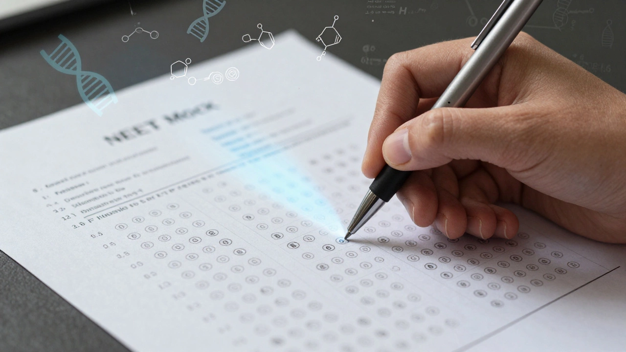 Hand filling out NEET answer sheet with scientific symbols