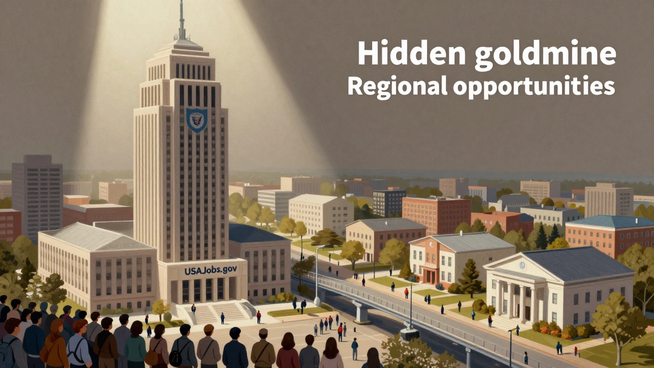 Illustration comparing crowded federal jobs to accessible local opportunities