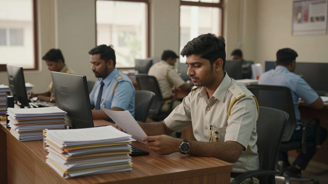 Indian municipal clerk working at a desk in a calm office environment