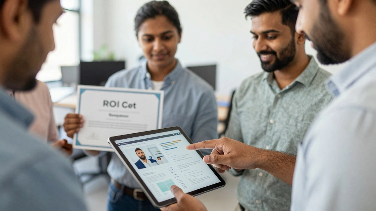 Indian tech team discussing portfolio projects and certificates in a modern office