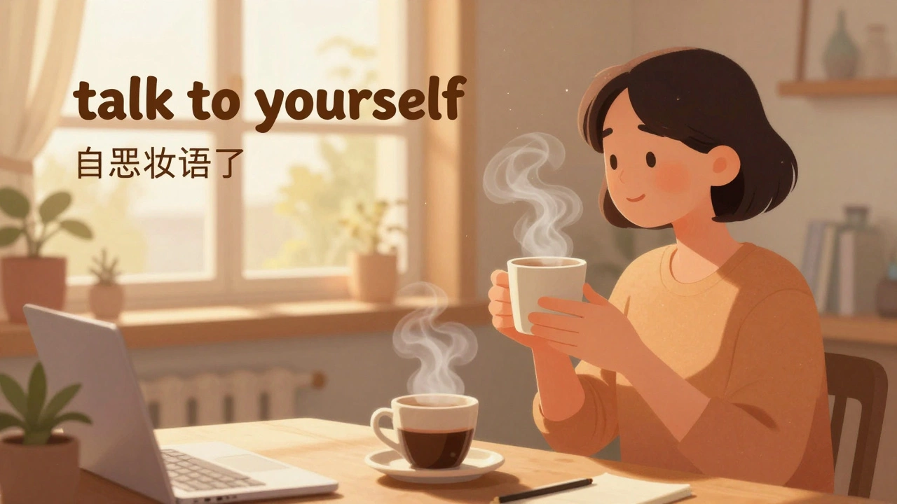 Person practicing speaking English alone while making coffee
