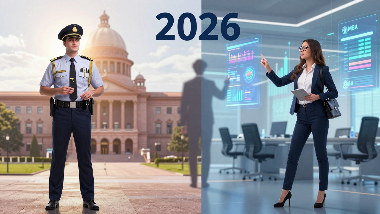 Split image contrasting a stable government officer with a dynamic corporate manager.