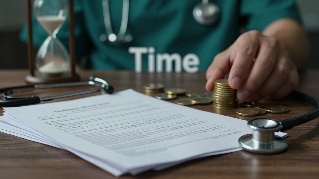 Stethoscope and loan papers near gold coins and hourglass