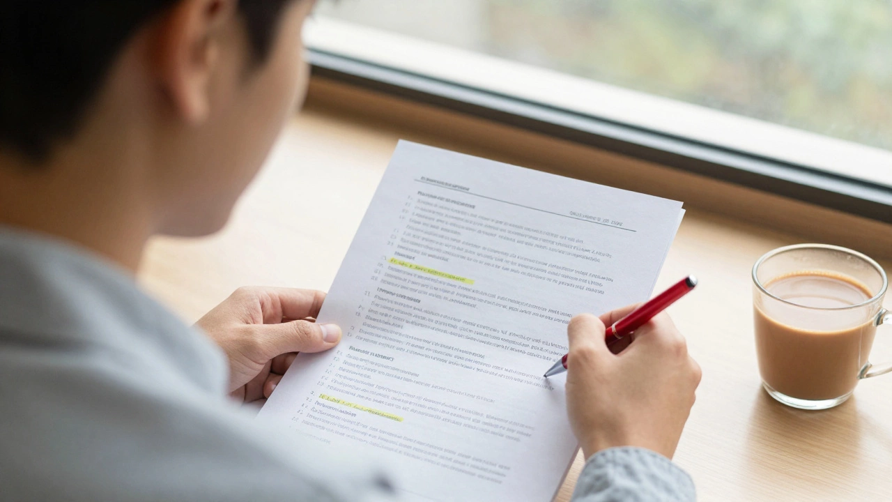 Student calmly reviewing a mock test paper in a sunlit library, highlighting strategic study points.