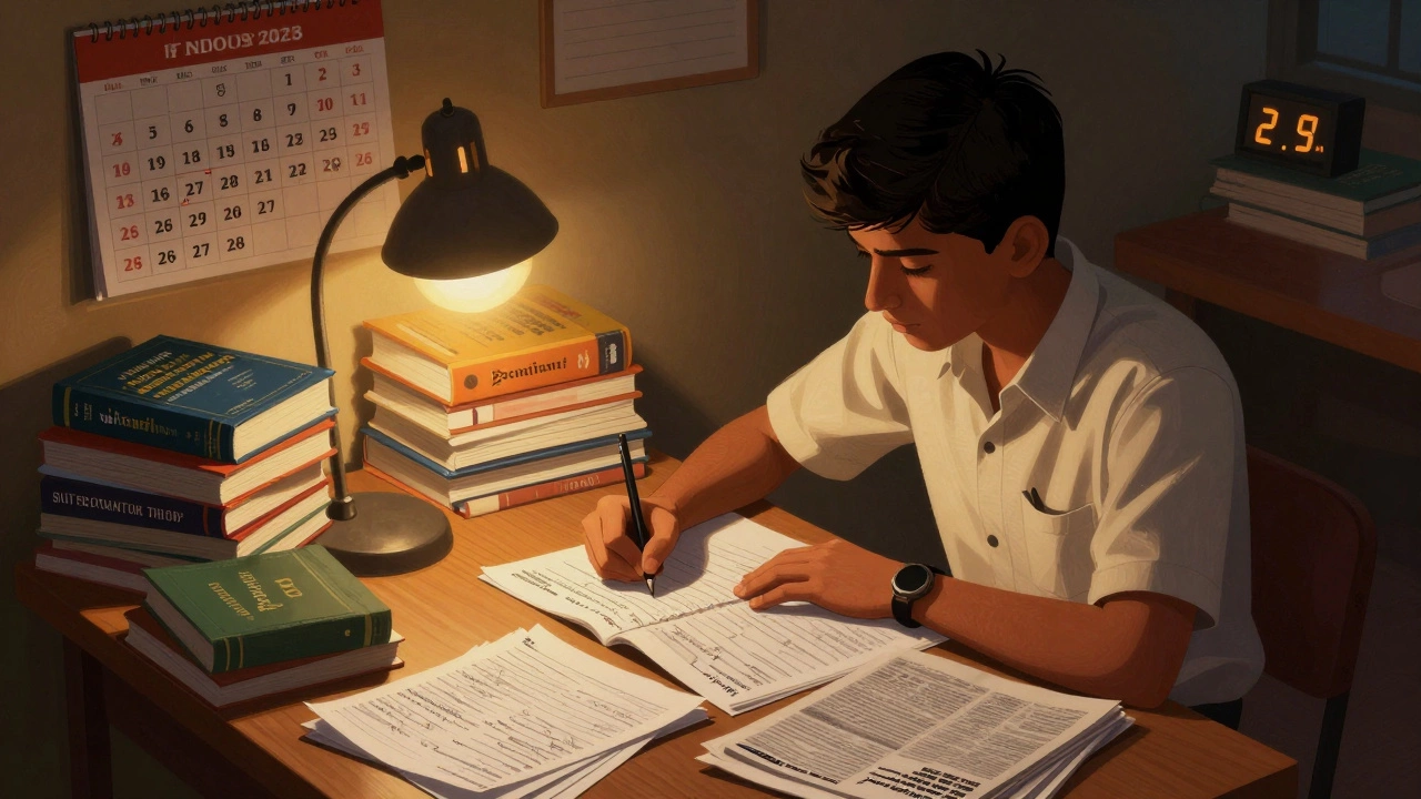 Student studying late at night surrounded by exam prep books and notes.