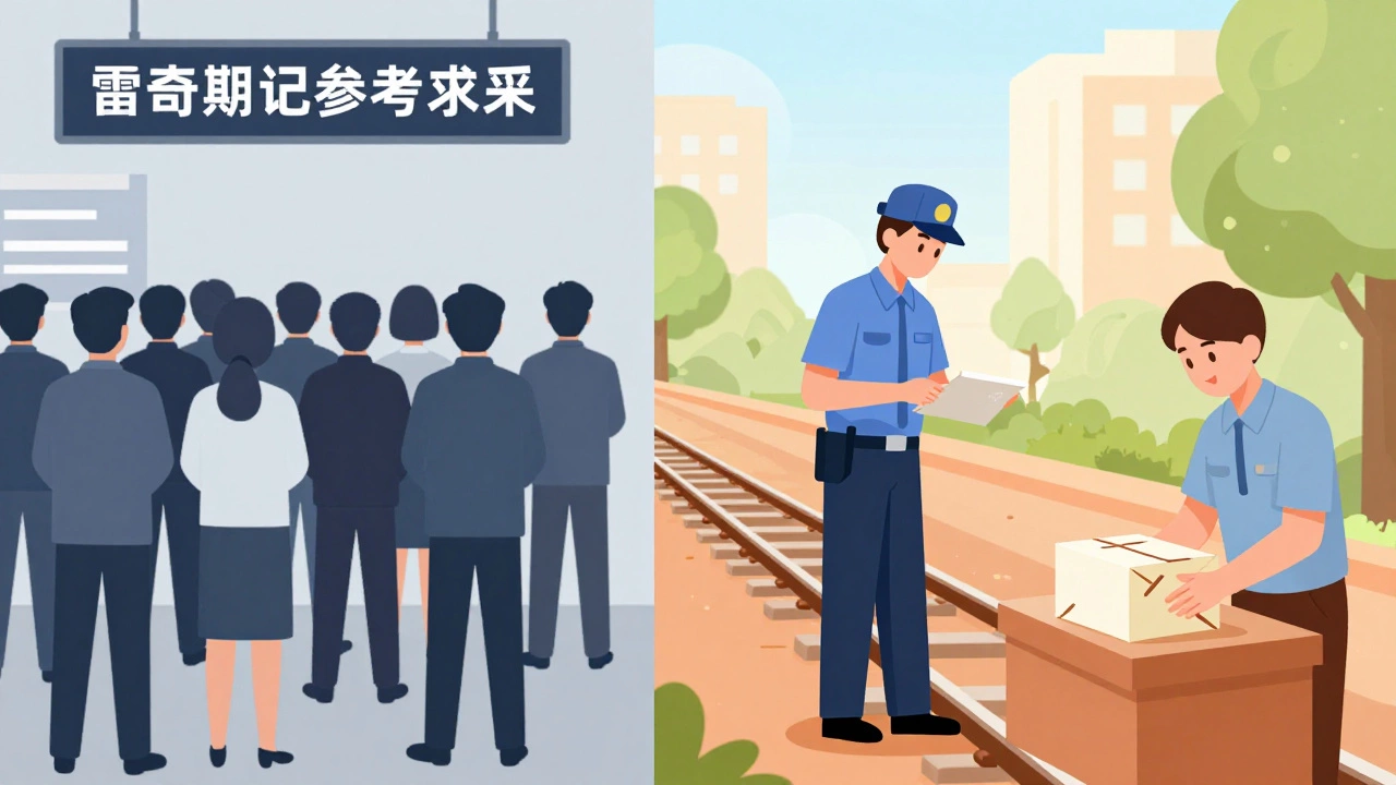 Vector illustration contrasting crowded exams with stable railway and postal jobs