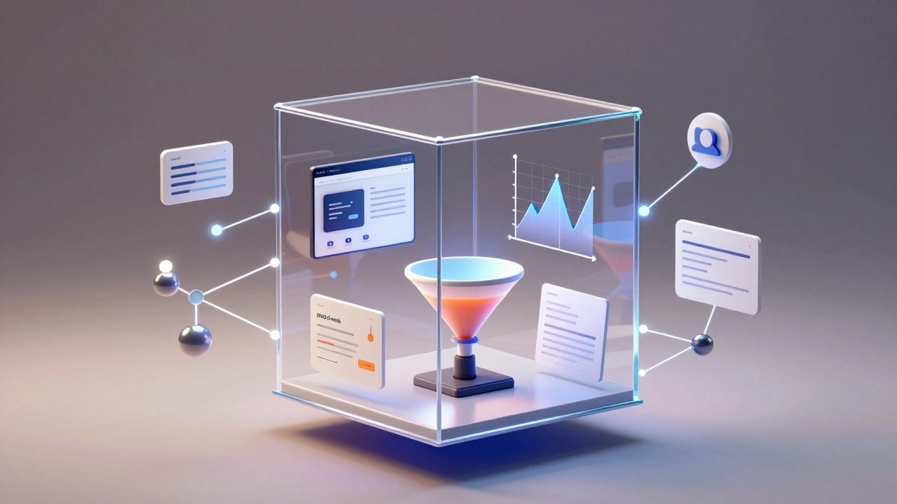 3D render of a glass portfolio cube containing project models, representing demonstrable skills for employers.