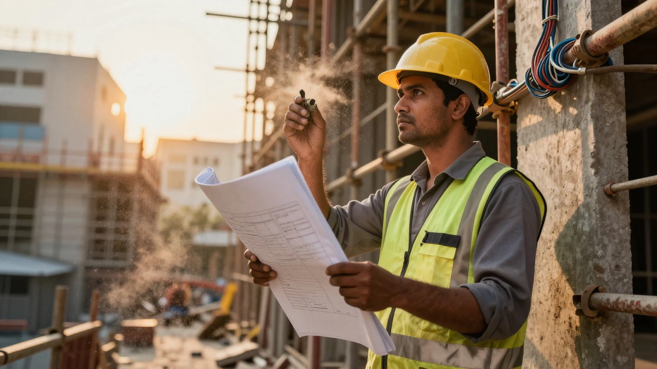 Electrician apprentice reviewing blueprints at construction site