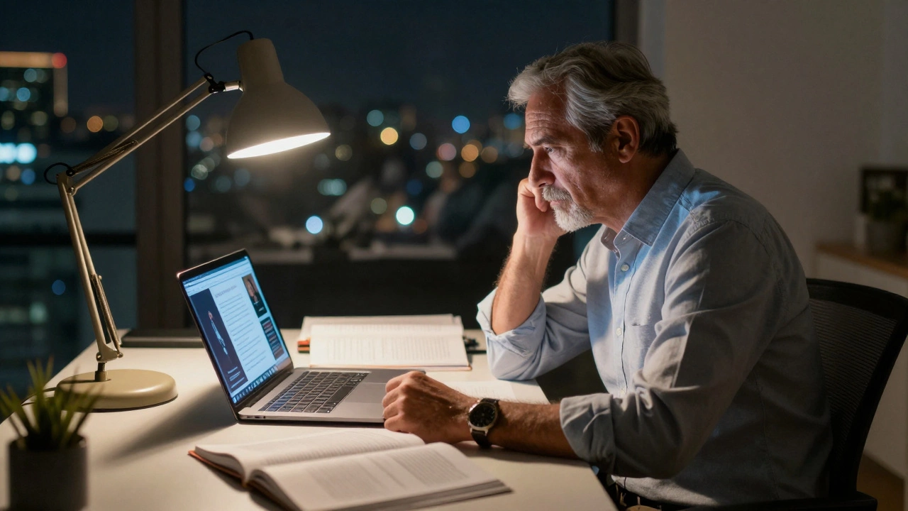 Executive studying for MBA late at night in a home office