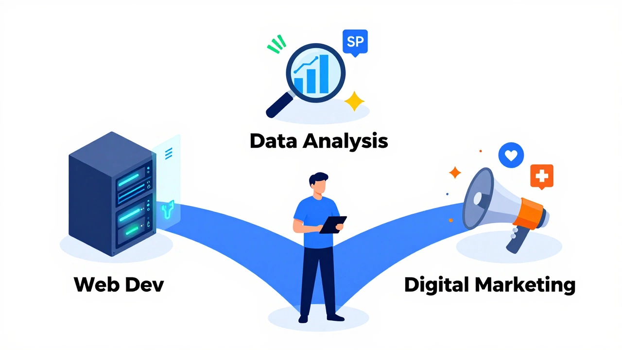 Illustration of a learner choosing between web development, data analysis, and digital marketing paths.
