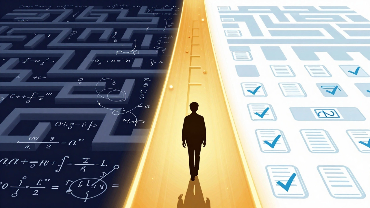Illustration of a student choosing a clear path through a maze of exam strategies