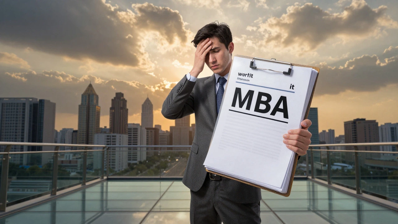 Professional standing on a glass bridge holding heavy documents, symbolizing MBA financial pressure.