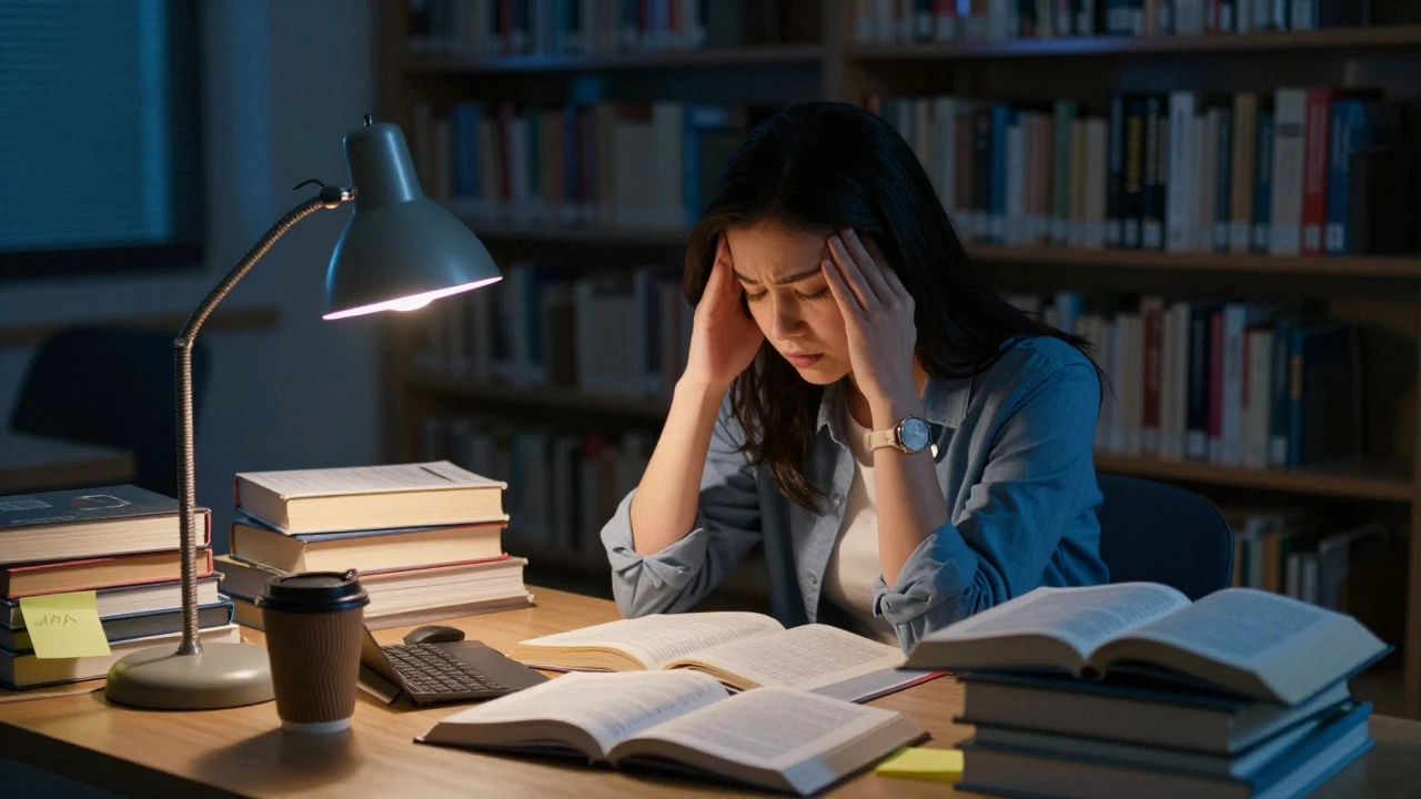 Stressed MBA student studying alone in a dark library late at night amidst books and coffee.