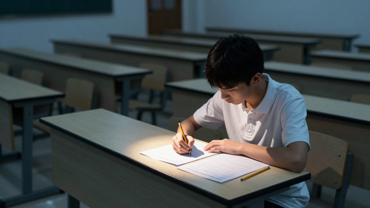 Student sitting alone in an exam hall preparing for a test