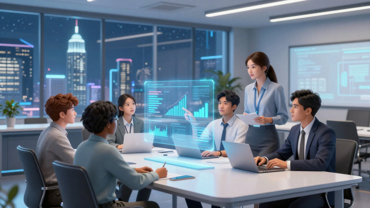Students collaborating with holographic data in a modern classroom