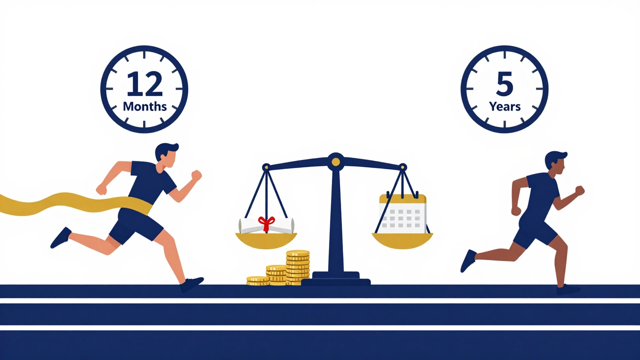 Visual metaphor comparing one-year and five-year MBA durations