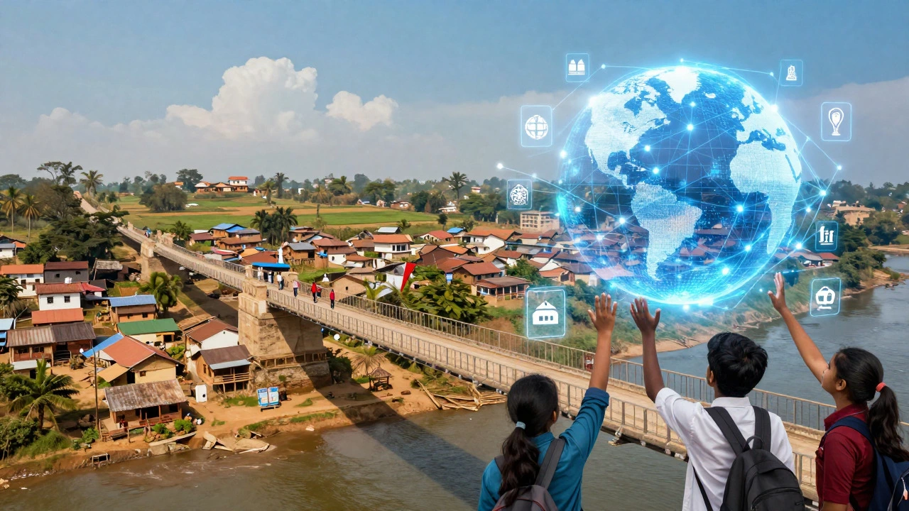 Digital bridge connecting rural village to online global education resources.