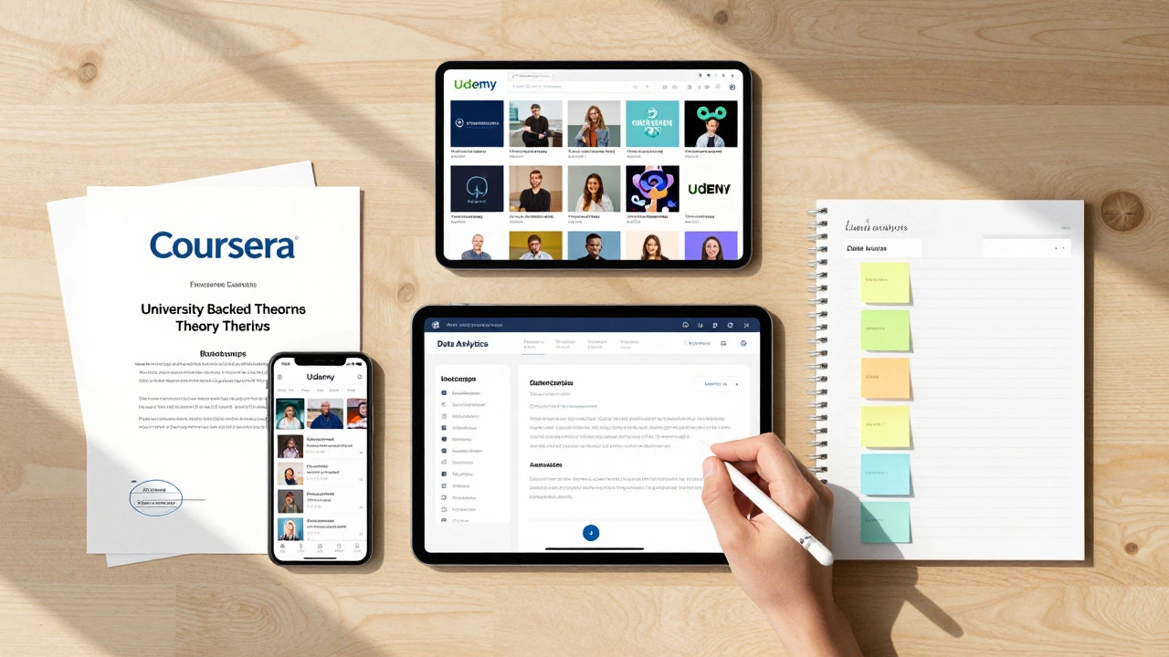 Flat lay of learning tools comparing platforms and analytics