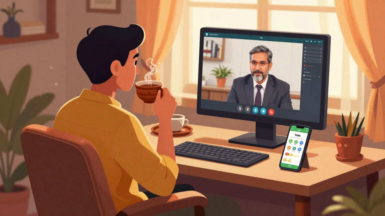 Man drinking chai while attending online lecture at home